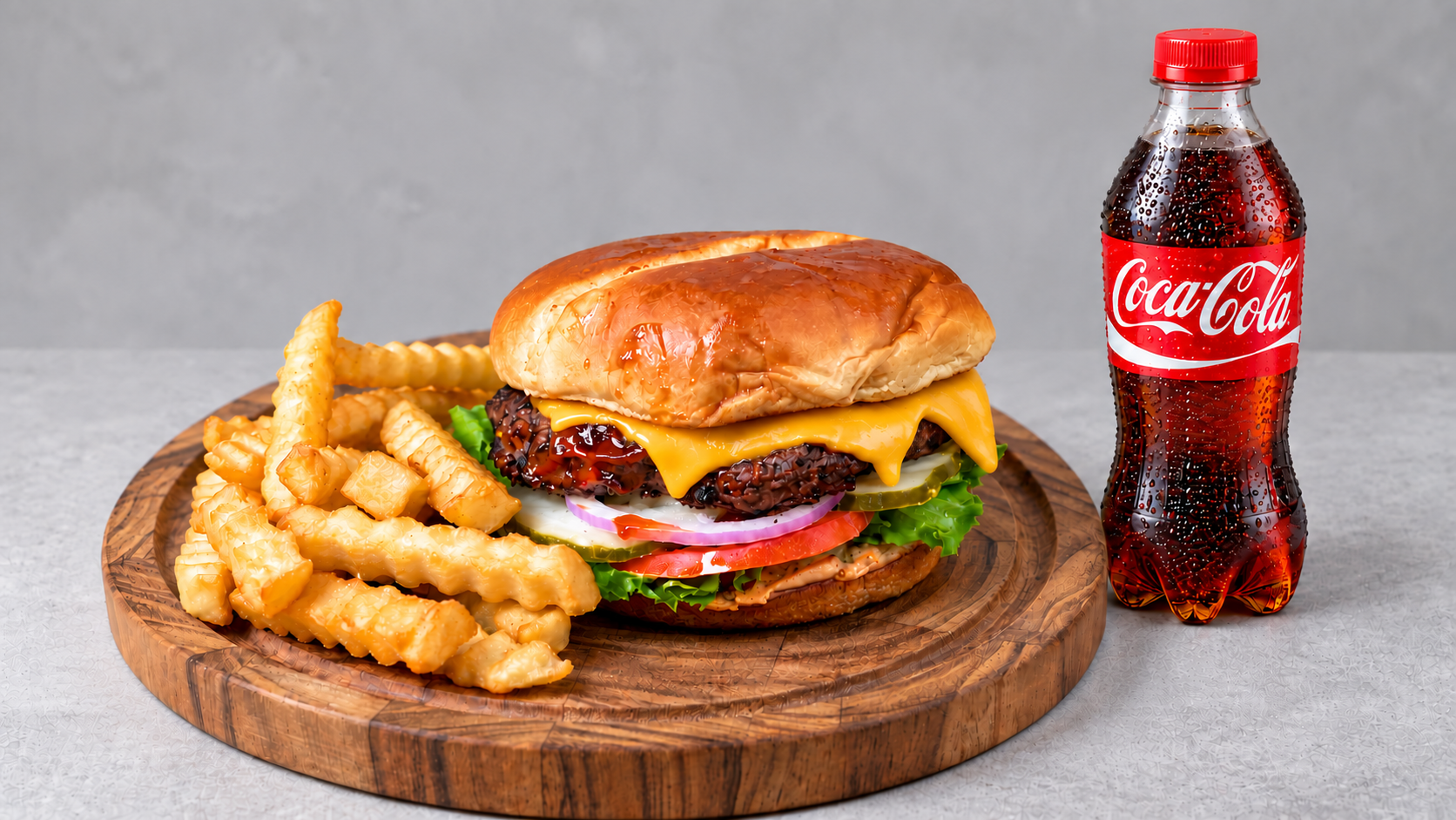 Combo de hamburguesa Angus con queso, papas fritas y Coca-Cola
